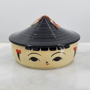Vintage Japanese Kokeshi Lidded Bowl Lacquerware Trinket Box Hand Painted Cream